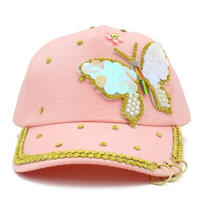 Pink baseball cap with butterfly decor, sequins, pearls and rhinestones for outdoor fashion
