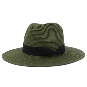 Detail of olive green straw sun hat with fine weaving and black ribbon bow detail