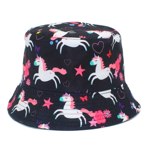 Cute black bucket hat for women with colorful unicorn, floral, and heart cartoon prints