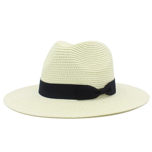 Classic cream Fedora straw hat with black grosgrain ribbon and bow for outdoor beach shade