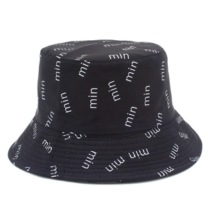 Modern black bucket hat with white 'min' letter print, casual outdoor sun protection cap