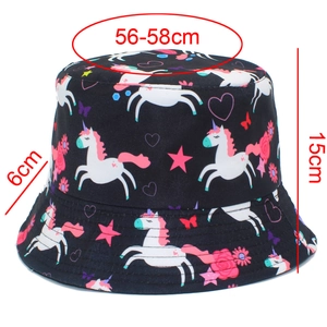 Size specifications for black bucket hat with colorful unicorn print and floral patterns