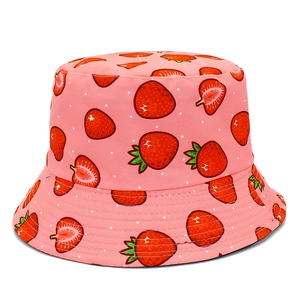 Bob en Coton Réversible Imprimé Fraises Mignon Fruit Protection Solaire Été Voyage Chapeau de Pêcheur Pour Femmes Filles