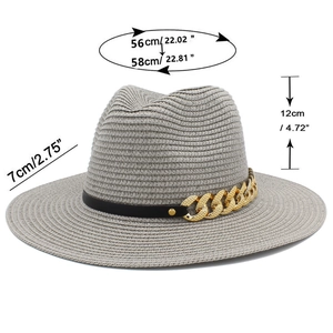 Dimensions détaillées du chapeau fedora gris avec chaîne dorée et ruban noir décoratif