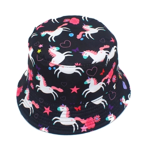 Unicorn and flamingo print black bucket hat with colorful stars and heart patterns