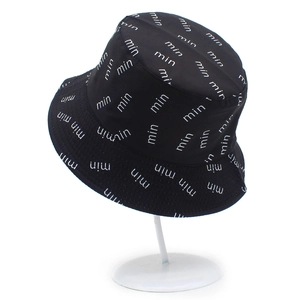 Unisex black bucket hat with white min letter print pattern for outdoor sun protection