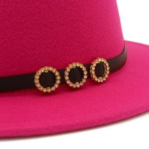 Elegant rose pink wool felt flat top boater hat with a black leather band and rhinestones