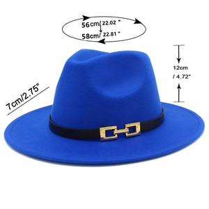 Detail showing dimensions of royal blue wool fedora hat with 7cm brim and metal buckle