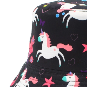 Detail of black bucket hat featuring colorful unicorn, floral, and heart print patterns