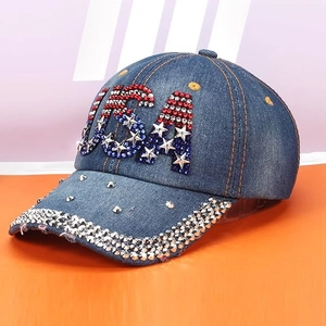 Fashion USA Letter Rhinestone Denim Baseball Cap Vintage Distressed Studded Denim Hat For Outdoor Travel Men Women Cap