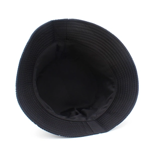 Detail view of the durable stitching and interior lining on this black bucket hat