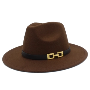 Detail of coffee brown wool fedora hat with wide brim and gold geometric buckle accent