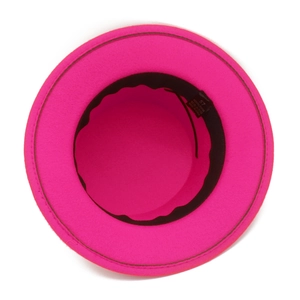 Detail view of pink wool jazz hat with inner black sweatband and size 57 white wash label