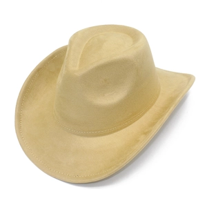 Detail of khaki suede cowboy hat with wide brim and fine stitching on a white background