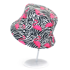 Women's zebra pattern bucket hat with pink flamingo prints for summer sun protection