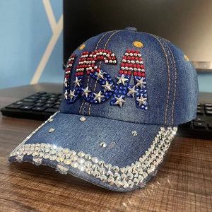 Denim baseball cap with USA rhinestone design and metallic star studs in deep blue