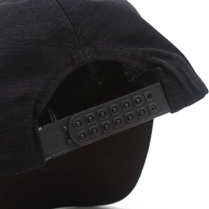 Close-up of the adjustable plastic snapback strap and mesh fabric texture on the black cap