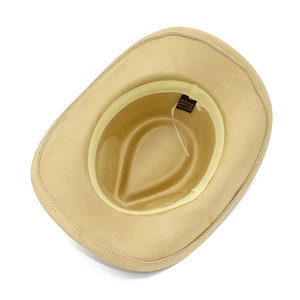 Detail view of beige suede fedora interior showing sweatband and material label