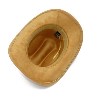 Detail view of camel faux suede jazz hat interior with sweatband and adjustable drawstrings