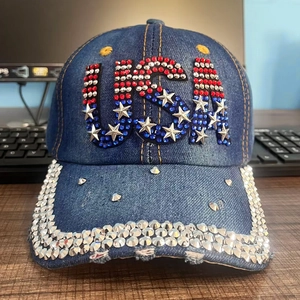 Denim baseball cap with USA rhinestone design and shiny silver studded brim for outdoors