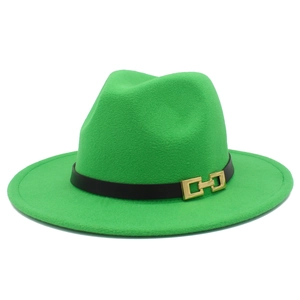 Close-up of emerald green wool fedora with black leather band and golden buckle