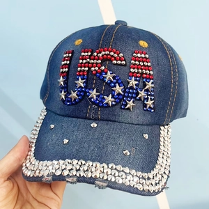 Sparkling denim USA baseball cap with rhinestones and star studs for outdoor sun protection