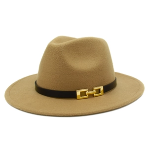 Elegant wide brim camel wool fedora hat with black leather band and gold buckle