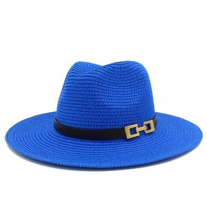 Cappello Panama blu reale in paglia con fascia nera e fibbia dorata per la spiaggia