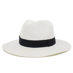 Classic white woven straw Panama sun hat with black ribbon band and structured crown