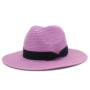 Pink straw cowboy sun hat with black ribbon bow for outdoor beach beachwear