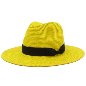 Classic yellow woven straw fedora hat with black ribbon for beach sun protection