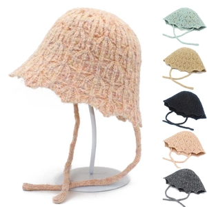 Sweet Knitted Woolen Bucket Hat With Tie Up Straps Wavy Edge Warm Windproof Winter Beanie For Women Soft Outdoor Headwear