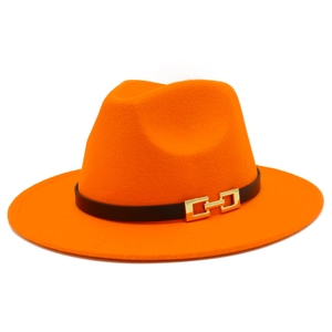 Elegant bright orange wide brim wool fedora hat with a black leather band and gold buckle
