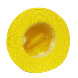 Detailed top view of yellow straw hat featuring fine spiral weave and inner sweatband
