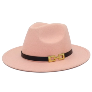 Detail of pink wool fedora hat featuring a black leather band and gold metal chain buckle