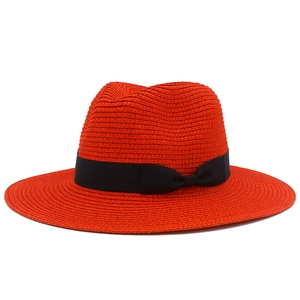 Fashion Wide Brim Straw Fedora Hat For Women Men Ethnic Style Summer Beach Sun Hat With Black Grosgrain Ribbon Bow Woven Cap