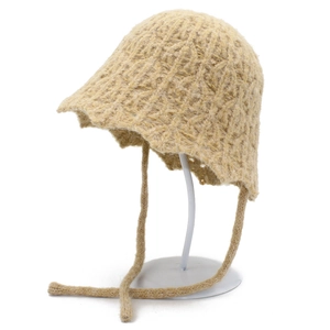 Light khaki knit bucket hat with tie straps and textured wavy brim for winter