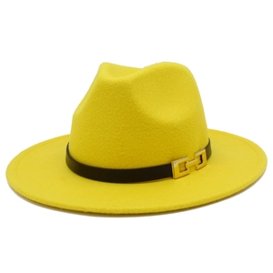 Close-up of a yellow wool fedora hat with a black leather band and golden geometric buckle
