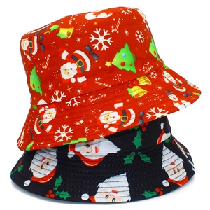 Red and black Christmas bucket hats with festive Santa, snowflake, and tree prints