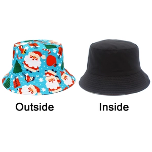 Detailed view of reversible sun bucket hat showing blue Christmas print and solid black side