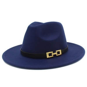 Elegant navy blue wool fedora hat with a wide brim and black belt with gold metal buckle