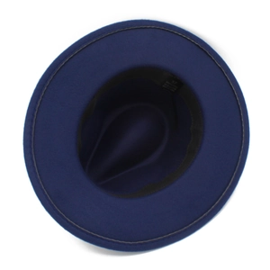 Detailed inner view of navy wool-like fedora hat with sweatband and size label