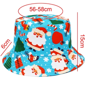 Detailed dimensions of blue Christmas bucket hat with Santa print and snowflake pattern