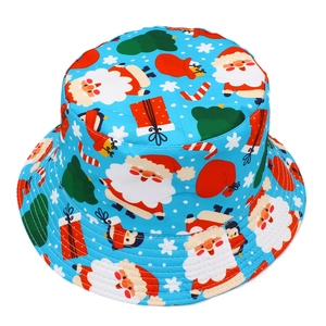 Detailed pattern of sky blue bucket hat featuring Santa Claus, trees and snowflakes
