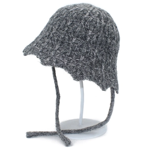 Thick grey knitted aviator bucket hat with ear flaps and straps for winter warmth