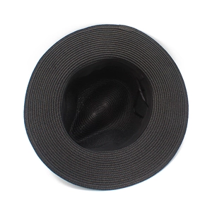 Vue détaillée de la texture tissée concentrique d'un chapeau de soleil noir en paille