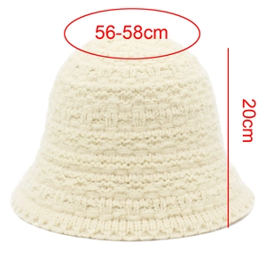 Detail view of cream knit bucket hat with 56-58cm head circumference and 20cm height