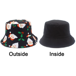 Detail showing the reversible design of a Christmas bucket hat with Santa print and black side