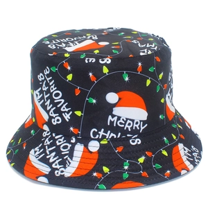 Christmas bucket hat with Merry Christmas print and festive Santa patterns on black cotton