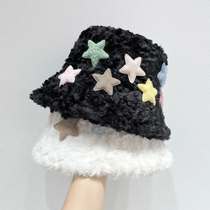 Cappello da Pescatore in Ecopelliccia da Donna Autunno Inverno Caldo Peluche Toppa a Stella Cappello a Secchiello Dolce Morbido Ragazze